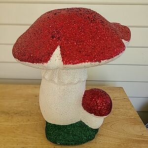 Inscha Deko Red & White Glitter Mushroom Handwerk Germany  LARGE 11"X 11"